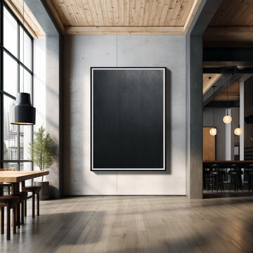Front view blank black frame on concrete wall in loft style cafe interior, mockup. Generative AI
