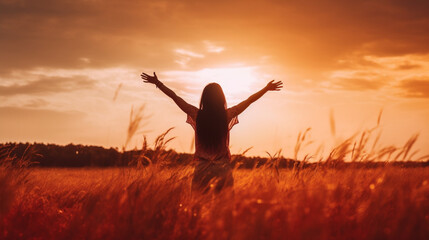 A woman standing in a wheat field with her arms raised in the air