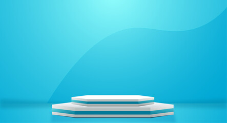 3d realistic podium on blue background. Product diplay. Abstract vector rendering for advirtising product display, minimal scene room.
