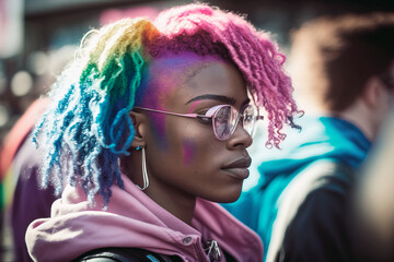 With her rainbow vibrant afro-american curls adorned with a spectrum of colors, an advocate takes part in the spirited celebration of love and diversity at the LGBT demonstration.