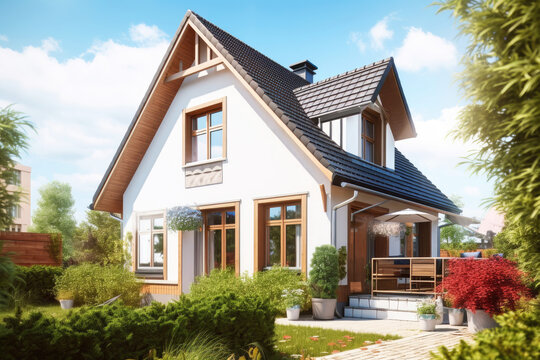 Illustration of modern German detached house with beautiful garden as city real estate photography (Generative AI)