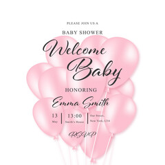 Baby girl shower card invitation, vector illustration with pink balloons