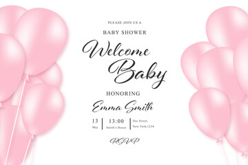 Baby girl shower card invitation, vector illustration with pink balloons
