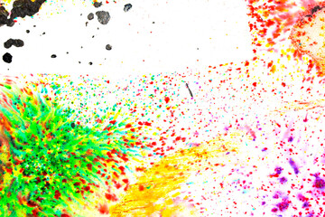 Black Ink Splatters and Spill on A Vibrant Rainbow Colour Watercolor Background Abstrct Paint