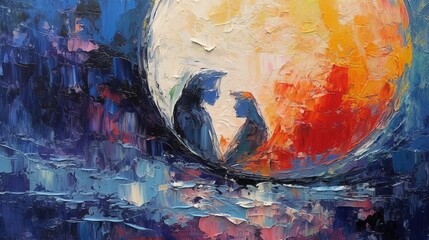 A couple loving each other inside the Moon. Artwork. Oil painting of the moon. Stunning impasto painting. Generative AI.