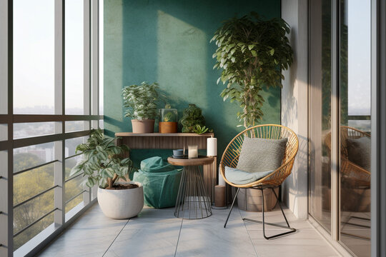 Modern minimalistic interior of the balcony, green, white and golden colors. Super photo realistic background, generative ai illustration.