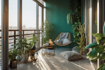 Modern minimalistic interior of the balcony, green, white and golden colors. Super photo realistic background, generative ai illustration. - obrazy, fototapety, plakaty