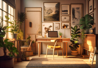 Fototapeta premium a living room with plants and a desk in front