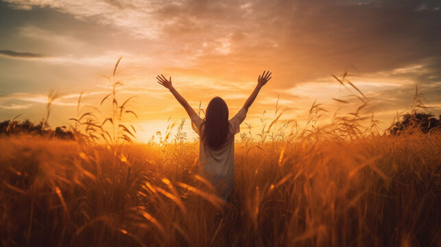 A woman standing in a wheat field with her arms raised in the air