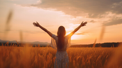 Fototapeta na wymiar A woman standing in a wheat field with her arms raised in the air