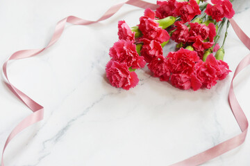Red and pink carnations bouquet with pink ribbon on white background. Mother's Day background. Love mummy.