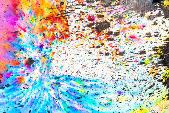 Black Ink Splatters and Spill on A Vibrant Rainbow Colour Watercolor Background Abstrct Paint