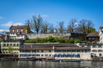 Fototapeta na wymiar Cityscape with Limmat river and Medieval wall, Old Town, Zurich, Switzerland