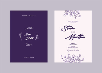 A set of Minimalist wedding invitation templates with hand drawn flowers and leaves decoration