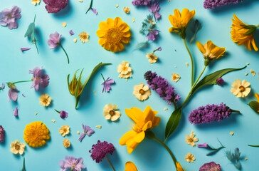 Fototapeta premium purple and yellow flowers on light blue background