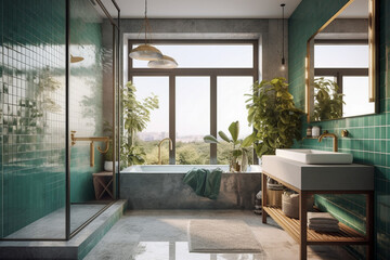 Modern minimalistic interior of the bathroom, green, white and golden colors. Super photo realistic background, generative ai illustration.