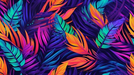 Seamless tropical neon leaves pattern