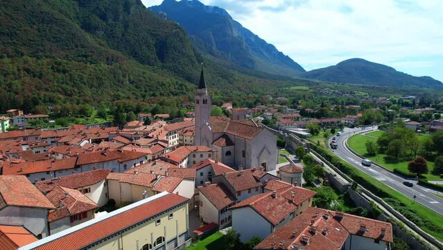 Venzone - Italy - An aerial view with the drone over the beautiful town of Venzone 