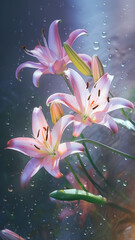 Fototapeta premium Blooming lily flowers with drops of water close-up background. Ai generated