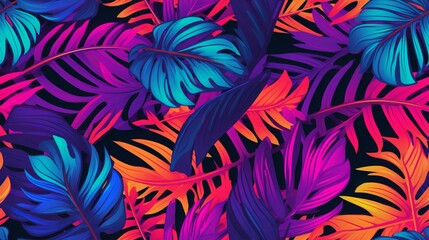 Seamless tropical neon leaves pattern