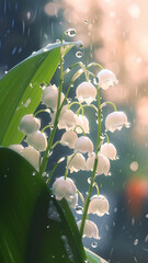 Close-up lily of the valley flowers with drops of water background. Ai generated