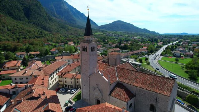 Venzone - Italy - An aerial view with the drone over the beautiful town of Venzone 