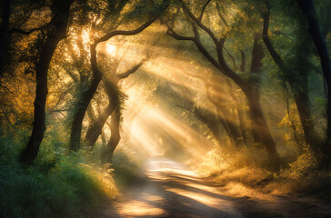 the road lined with trees in the sunlight