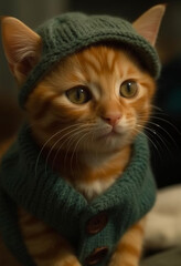 Ginger kitten in chunky knit green sweater and hat. Generative AI