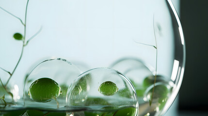 クリーンな水滴のボール, 植物が映り込む透明な雫, 環境 エコ グリーン アブストラクト