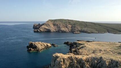 Fototapeta na wymiar survol du village de Fornells au nord de l'île de Minorque dans l'archipel des Baléares Espagne 