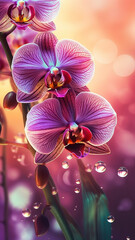 Naklejka na ściany i meble Blooming orchid flowers with drops of water close-up background. Spring wallpaper. Ai generated
