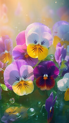 Close-up pansies flowers with drops of water background. Floral wallpaper. Ai generated