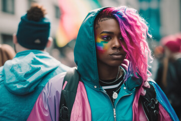 Young African American woman proudly adorned with vibrant rainbow colors, as he marches alongside fellow activists in the LGBT demonstration. Generative AI.