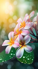 Blooming plumeria flowers with drops of water close-up background. Ai generated