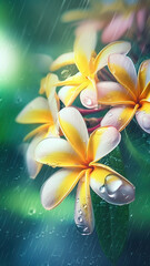 Obraz na płótnie Canvas Blooming plumeria flowers with drops of water close-up background. Ai generated