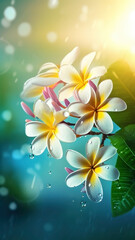 Close-up plumeria flowers with drops of water background. Ai generated