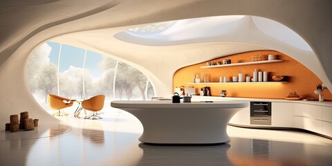 Futuristic kitchen with organic shapes. Generative AI