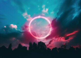 Sunset in a cloudy sky above a forest with trees on which is a neon frame in the shape of a circle. Beautiful abstract landscape. Illustration, Generative AI.