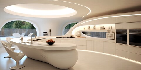 Futuristic kitchen with organic shapes. Generative AI
