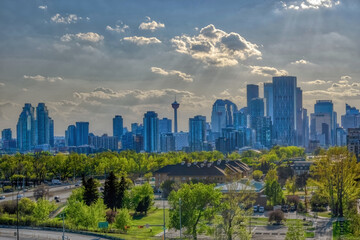 Fototapeta premium A Calgary Downtown skyline during the spring with some dramatic clouds.