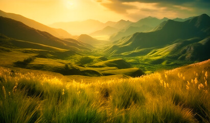 green grass and the sun light up the mountains