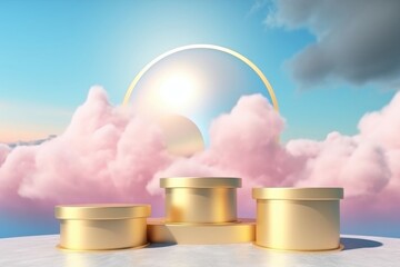 A surreal podium outdoors with blue sky, pink and gold pastel clouds, and space. (Generative AI)
