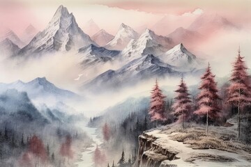 Snowy mountain peaks above misty valley. (Generative AI)