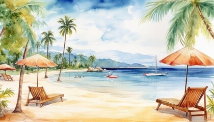 Fototapeta na wymiar A breathtaking watercolor painting of a beautiful beach scene. (Generative AI)