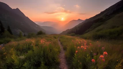 Foto op Plexiglas A sunrise over the hiking trail. AI Generated © Deep_Illustration