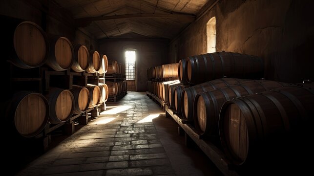 Cellar of Chianti Winery: Whisky & Wine Barrels Stored in Wooden Storage in Italy with Sunlight. Generative AI