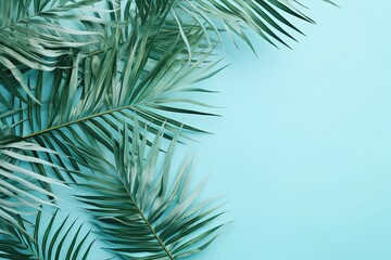 Naklejka na ściany i meble Tropical Summer Floral Composition: Green Palm Leaves & Minimal Colours on Pastel Blue Background - Flat Layout Top View: Generative AI