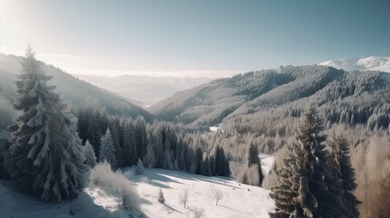Fototapeta na wymiar Winterly Majesty: Captivating Panoramic View of Snow-Capped Mountain Peaks and Serene Alpine Trees, Generative AI