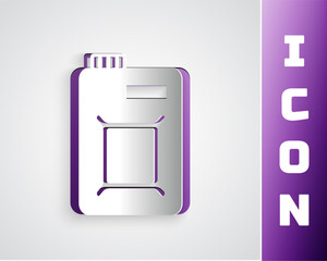 Paper cut Canister for motor machine oil icon isolated on grey background. Oil gallon. Oil change service and repair. Engine oil sign. Paper art style. Vector