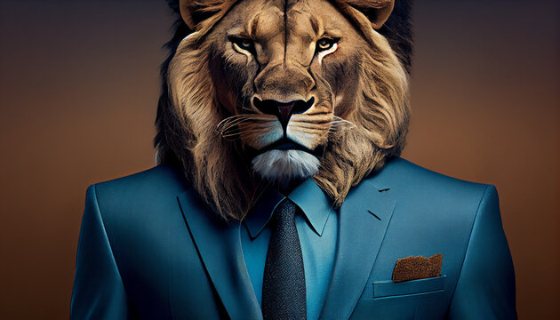 Lion head on solid color formal suit with pant. solid color background. Ai generated image